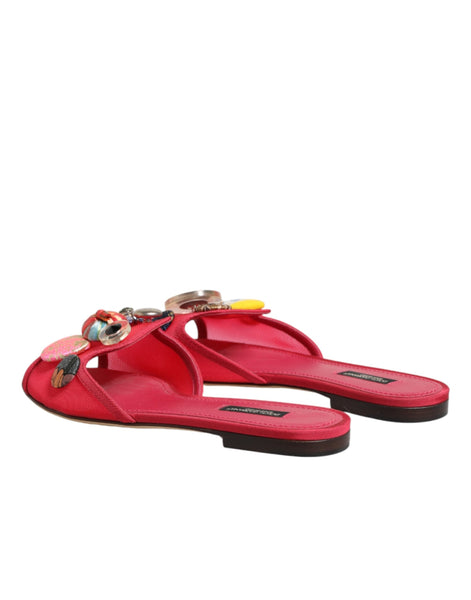Dolce & Gabbana Red Embellished Flats Slip On Sandals Shoes Dolce & Gabbana