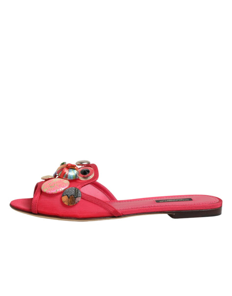 Dolce & Gabbana Red Embellished Flats Slip On Sandals Shoes Dolce & Gabbana