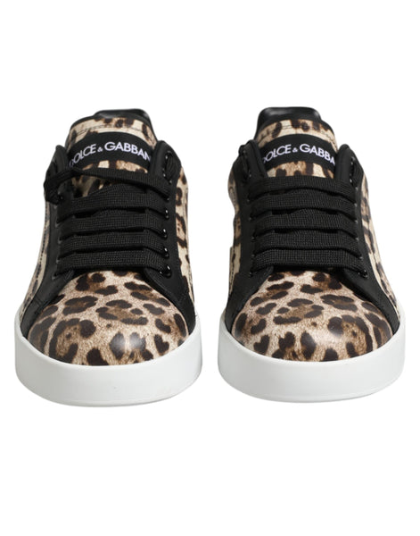 Dolce & Gabbana Brown Leather Leopard Low Top Sneakers Shoes Dolce & Gabbana