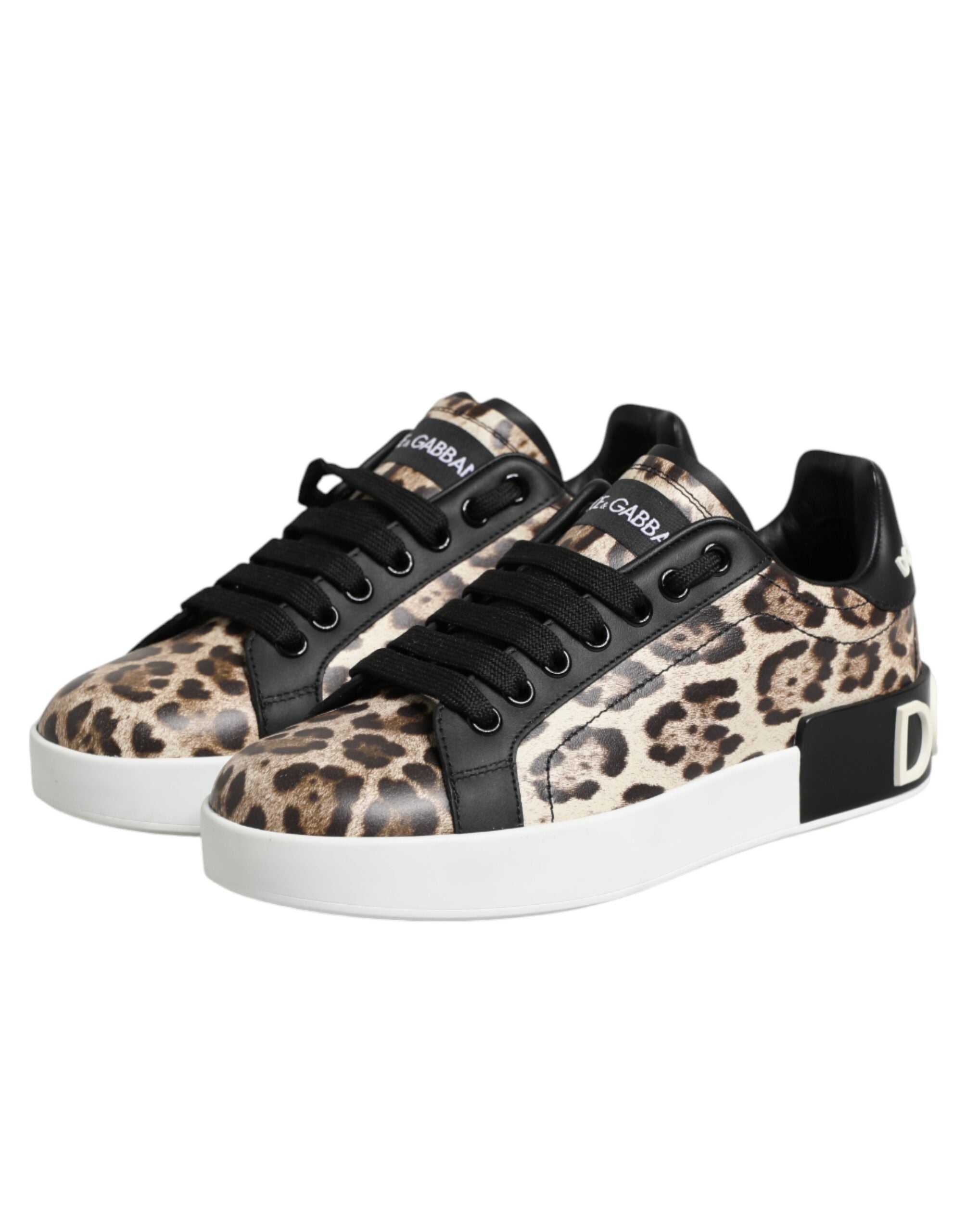 Dolce & Gabbana Brown Leather Leopard Low Top Sneakers Shoes Dolce & Gabbana