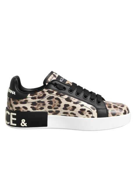 Dolce & Gabbana Brown Leather Leopard Low Top Sneakers Shoes Dolce & Gabbana
