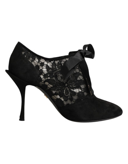 Dolce & Gabbana Black Floral High Heels LACE-UPS Pumps Shoes