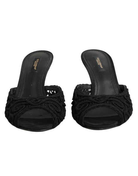 Dolce & Gabbana Black Embroidered Slip On Heels Slides Shoes Dolce & Gabbana