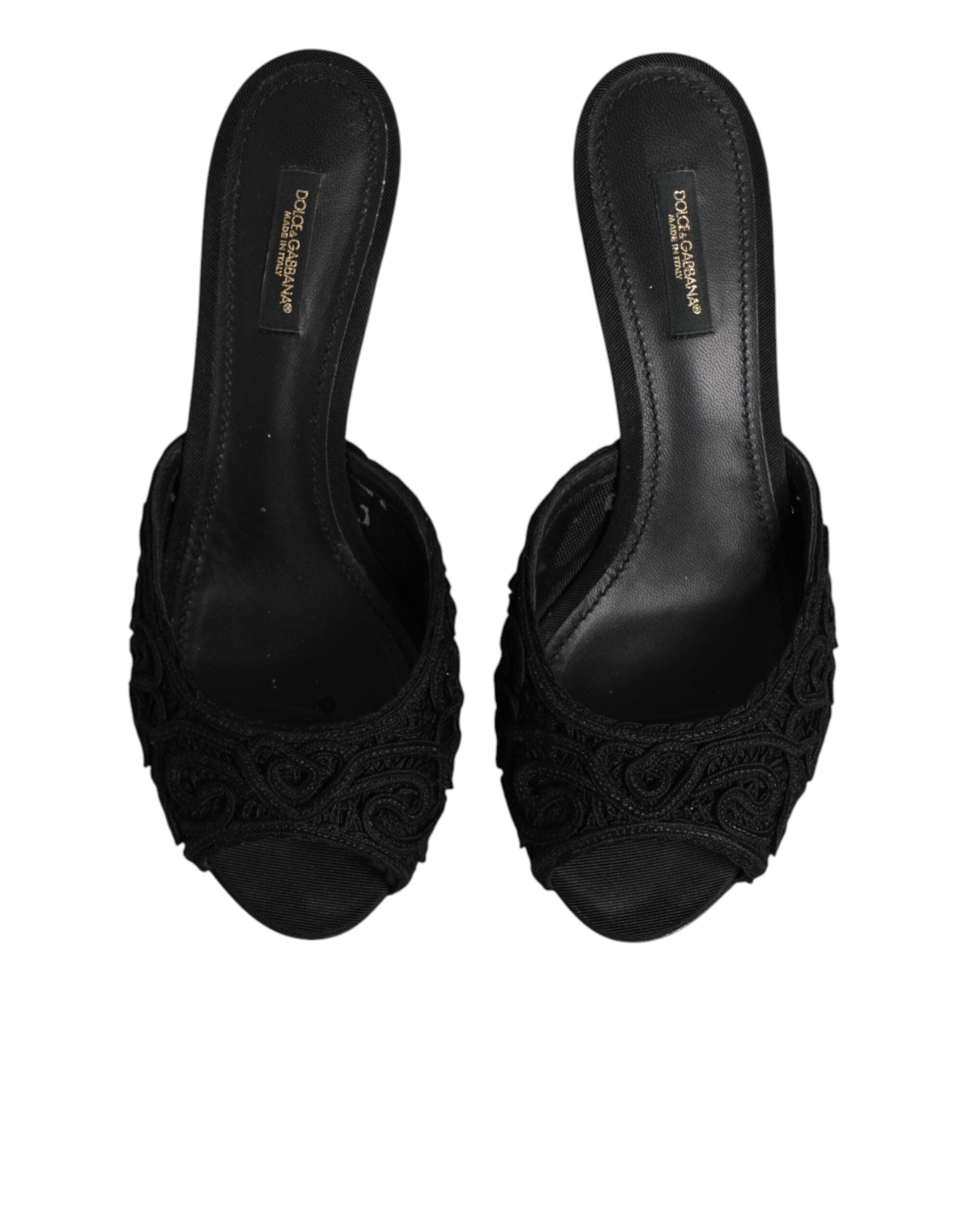 Dolce & Gabbana Black Embroidered Slip On Heels Slides Shoes Dolce & Gabbana
