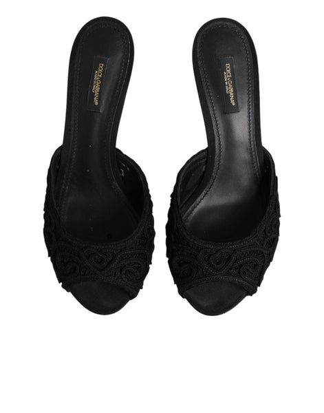 Dolce & Gabbana Black Embroidered Slip On Heels Slides Shoes Dolce & Gabbana