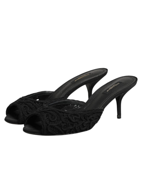 Dolce & Gabbana Black Embroidered Slip On Heels Slides Shoes Dolce & Gabbana