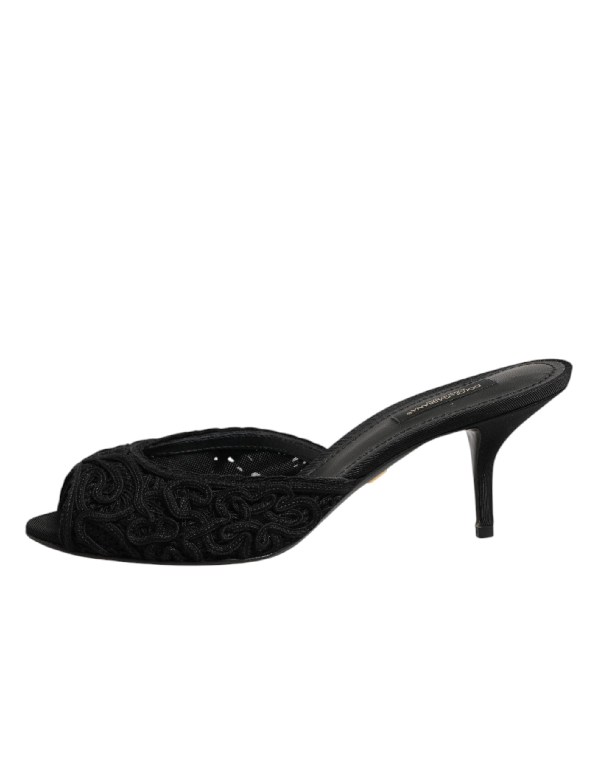 Dolce & Gabbana Black Embroidered Slip On Heels Slides Shoes Dolce & Gabbana