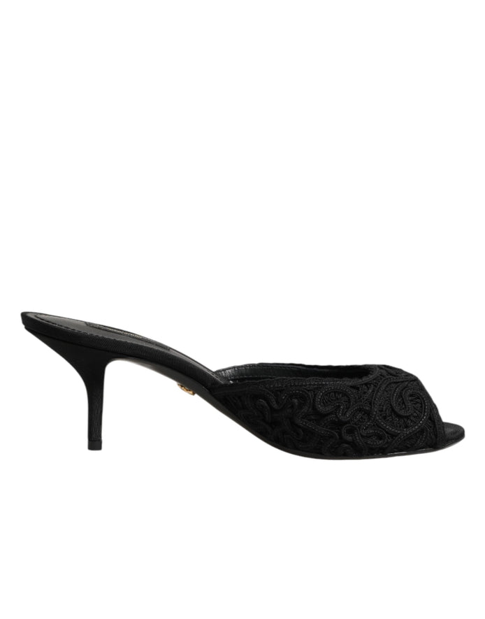 Dolce & Gabbana Black Embroidered Slip On Heels Slides Shoes Dolce & Gabbana