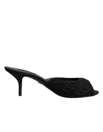 Dolce & Gabbana Black Embroidered Slip On Heels Slides Shoes Dolce & Gabbana