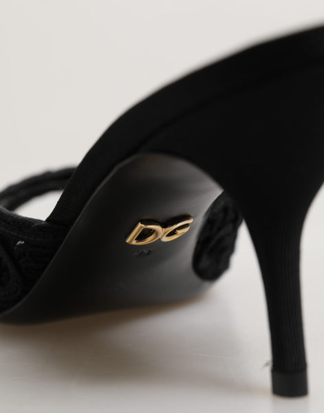 Dolce & Gabbana Black Embroidered Slip On Heels Slides Shoes Dolce & Gabbana