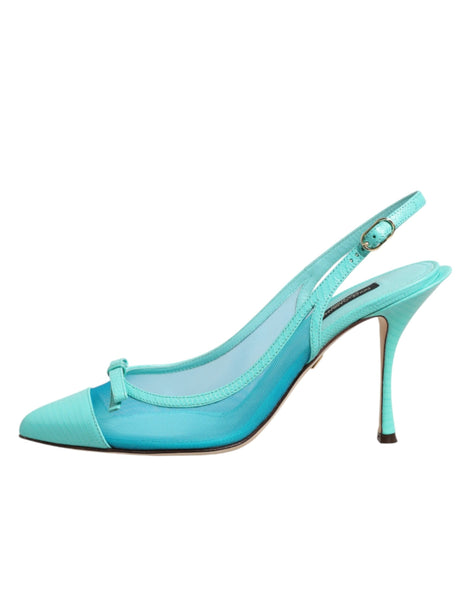 Dolce & Gabbana Blue Leather Mesh Heels Slingback Shoes Dolce & Gabbana