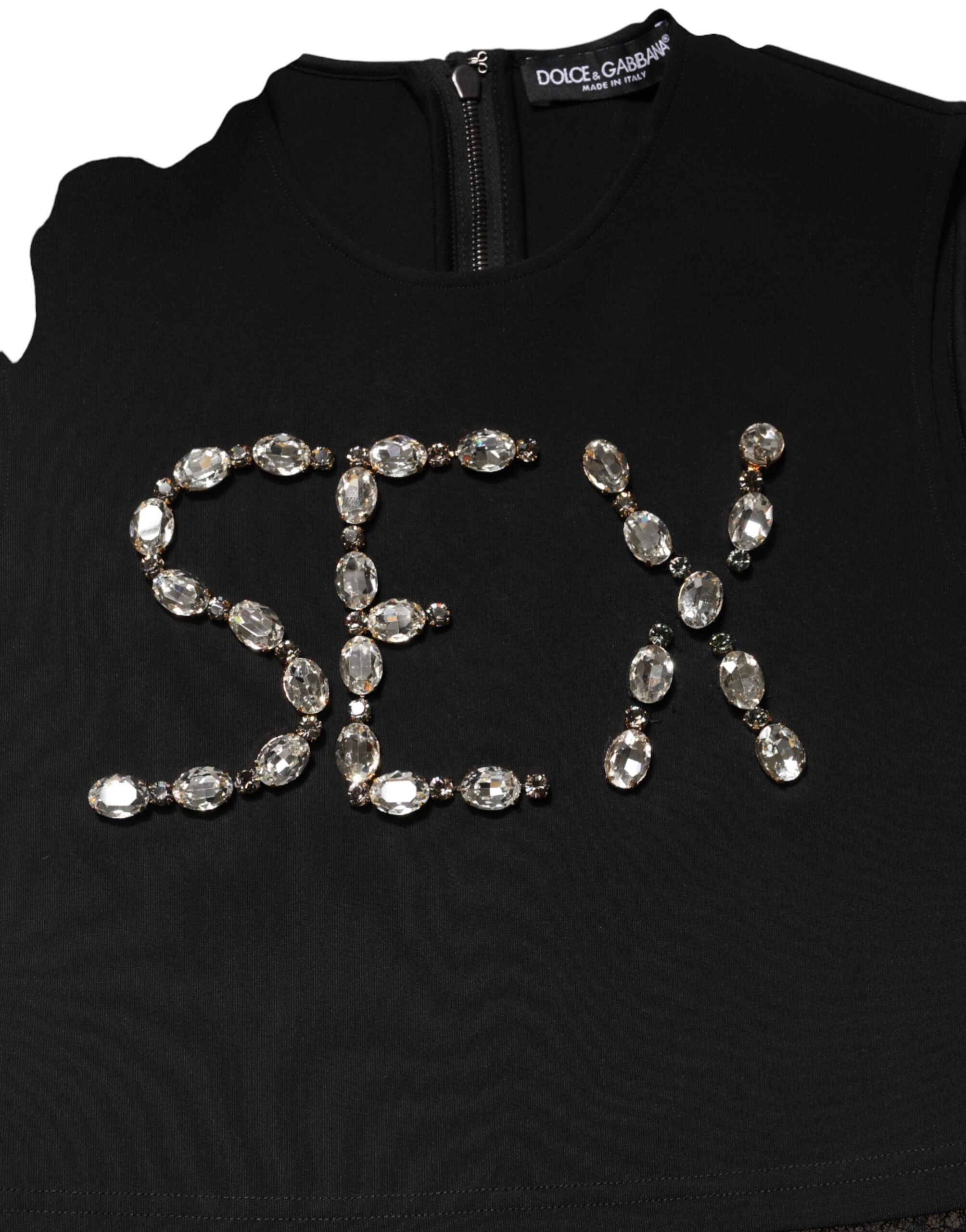 Dolce & Gabbana Black Jersey Lace Ruching Rhinestone Tank Top Dolce & Gabbana