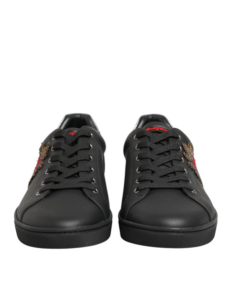Dolce & Gabbana Black Leather Heart Embellished Sneakers Shoes Dolce & Gabbana