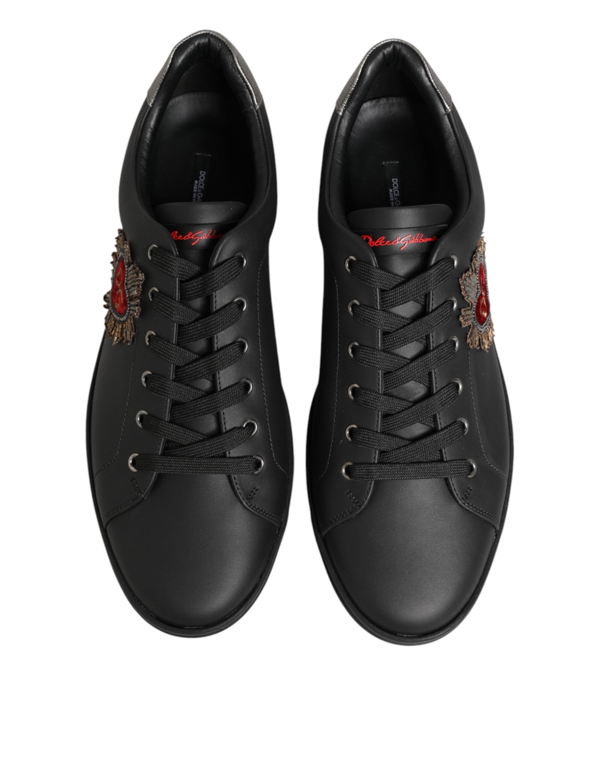 Dolce & Gabbana Black Leather Heart Embellished Sneakers Shoes Dolce & Gabbana