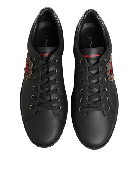 Dolce & Gabbana Black Leather Heart Embellished Sneakers Shoes Dolce & Gabbana