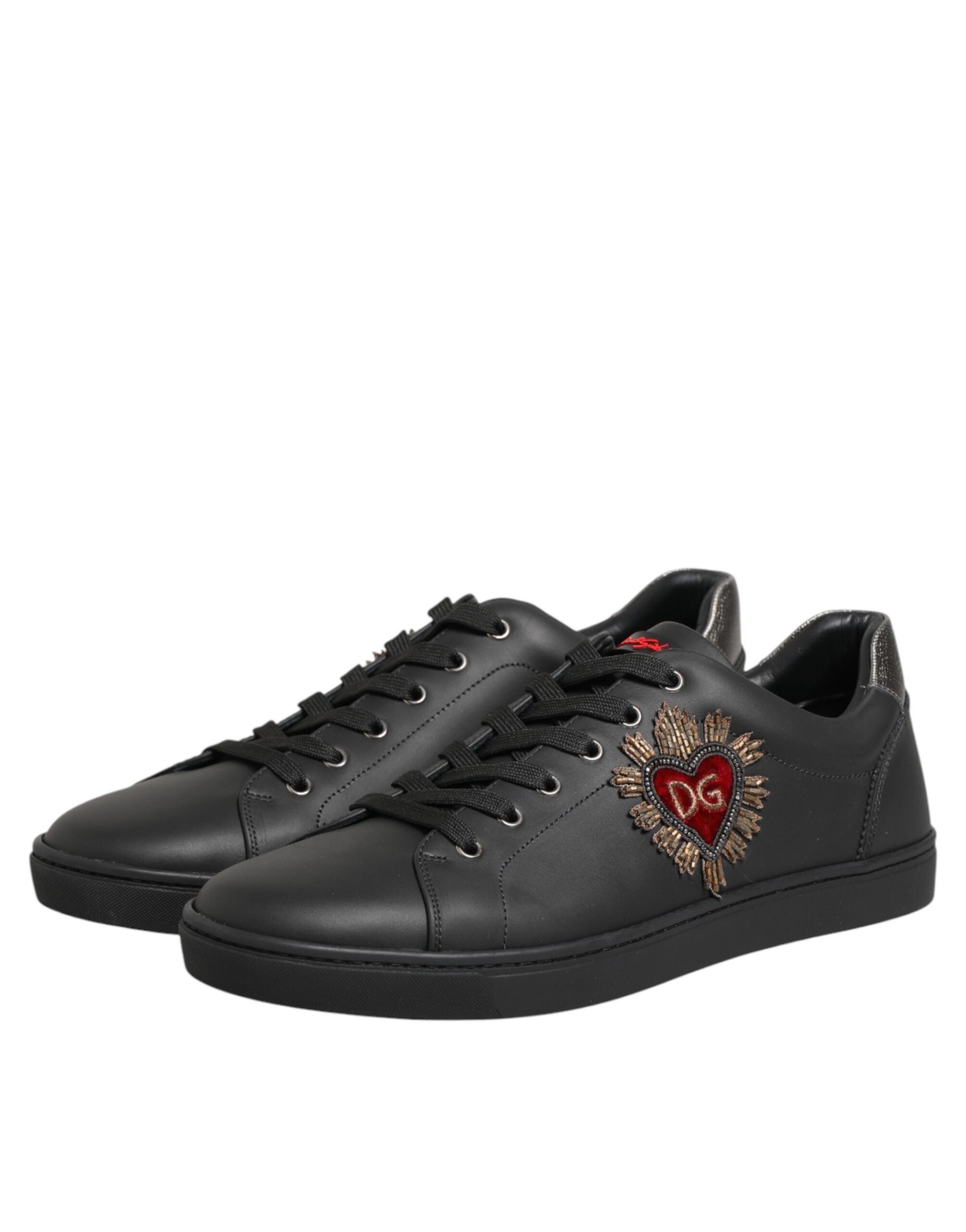 Dolce & Gabbana Black Leather Heart Embellished Sneakers Shoes Dolce & Gabbana