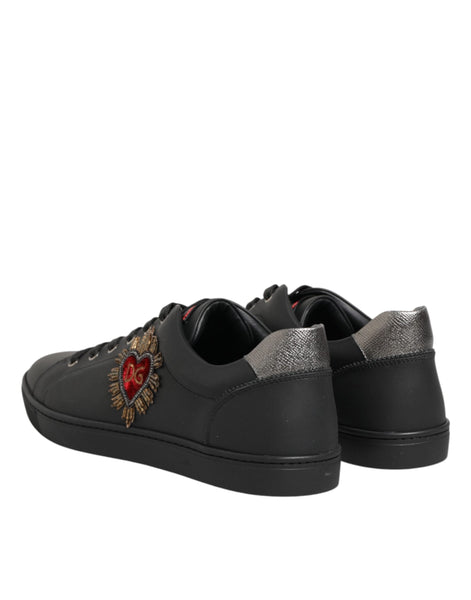 Dolce & Gabbana Black Leather Heart Embellished Sneakers Shoes Dolce & Gabbana