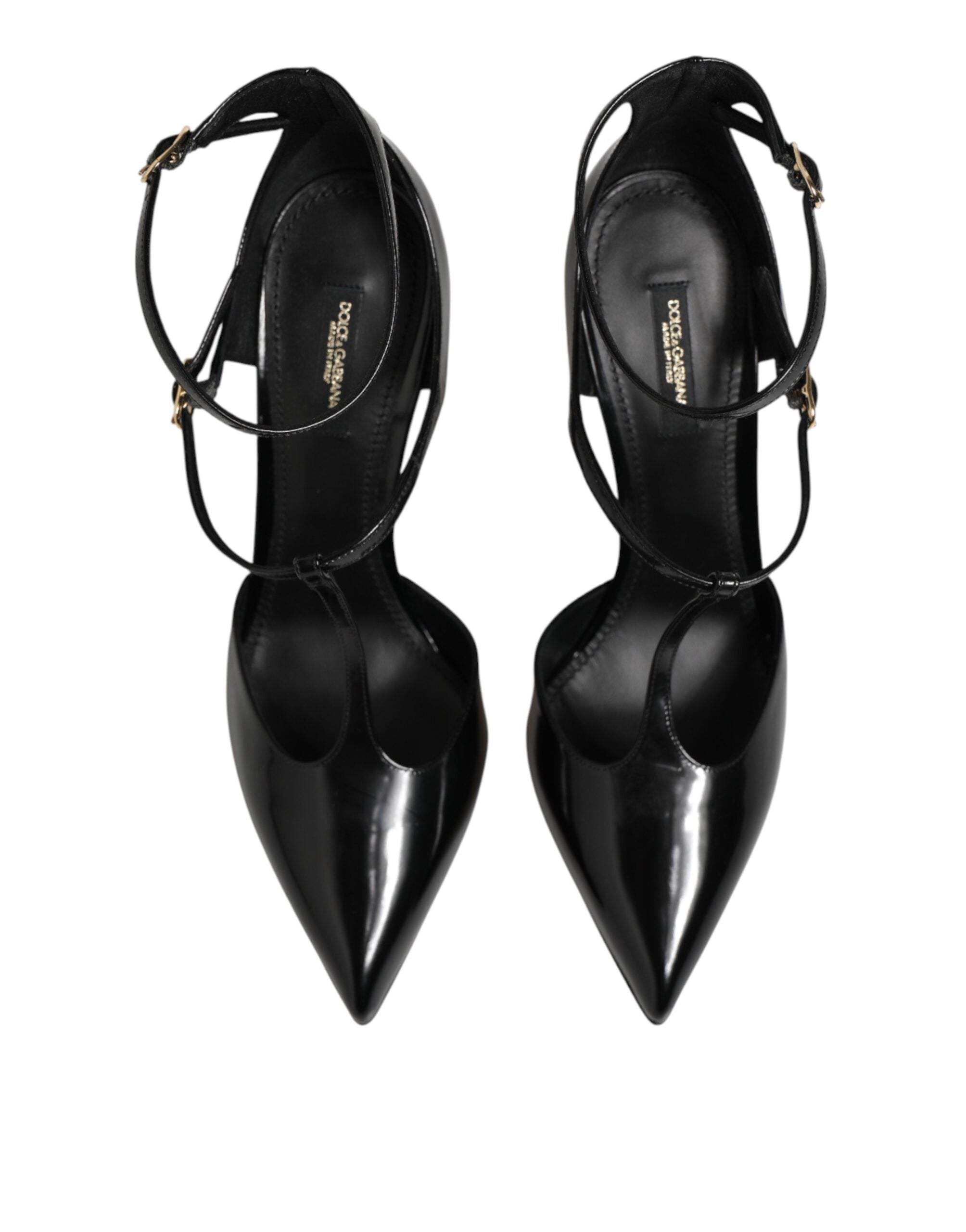 Dolce & Gabbana Black Leather T-STRAPS Heels Sandals Shoes Dolce & Gabbana