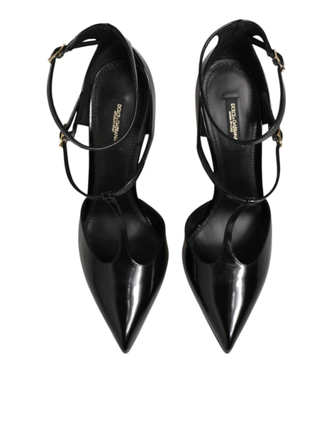 Dolce & Gabbana Black Leather T-STRAPS Heels Sandals Shoes Dolce & Gabbana