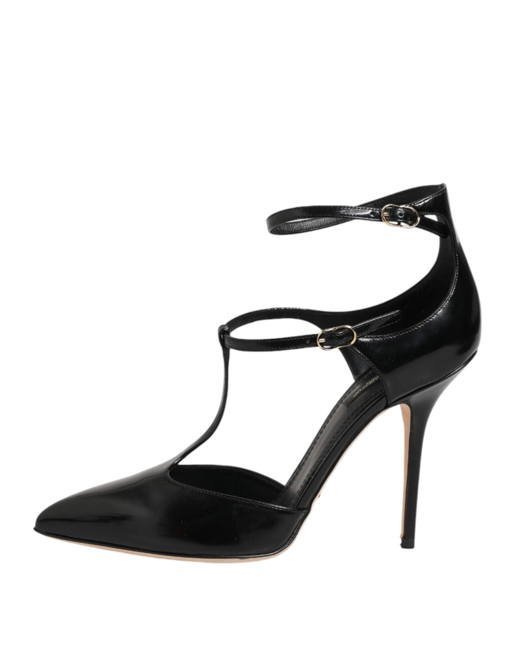Dolce & Gabbana Black Leather T-STRAPS Heels Sandals Shoes Dolce & Gabbana