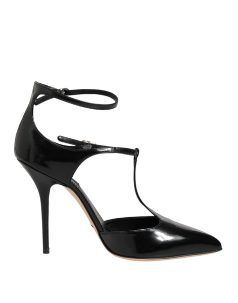 Dolce & Gabbana Black Leather T-STRAPS Heels Sandals Shoes Dolce & Gabbana