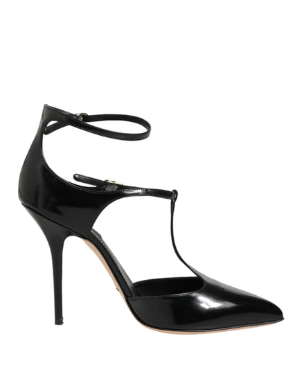 Dolce & Gabbana Black Leather T-STRAPS Heels Sandals Shoes Dolce & Gabbana