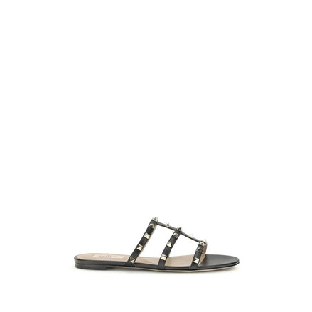 Valentino Garavani Black Calf Leather Bos Taurus Flat Sandals Valentino Garavani