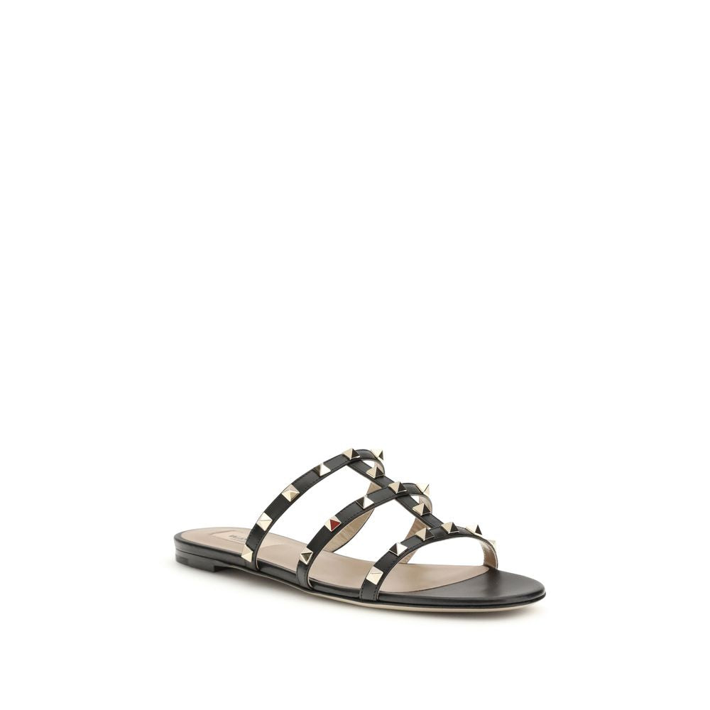 Valentino Garavani Black Calf Leather Bos Taurus Flat Sandals Valentino Garavani