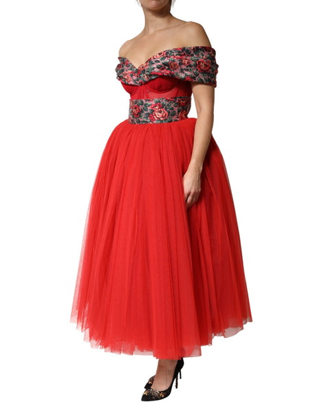 Dolce & Gabbana Red Floral Off Shoulder A-line Gown Dress Dolce & Gabbana